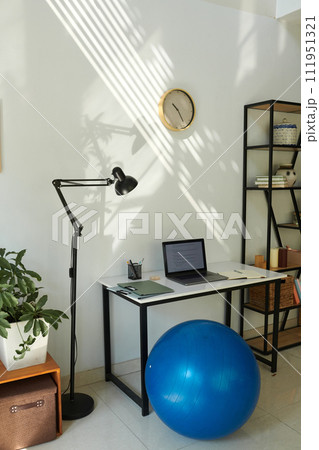 Desk of programmer in home office with laptop and fitness ball as a seat 111951321