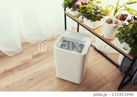 Modern air humidifier on floorin living room. Modern air humidifier on floorin living room. 111951940