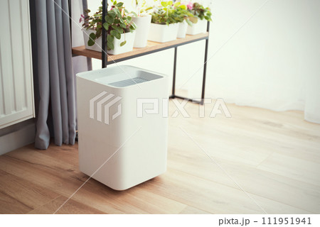 Modern air humidifier on floorin living room. Modern air humidifier on floorin living room. 111951941