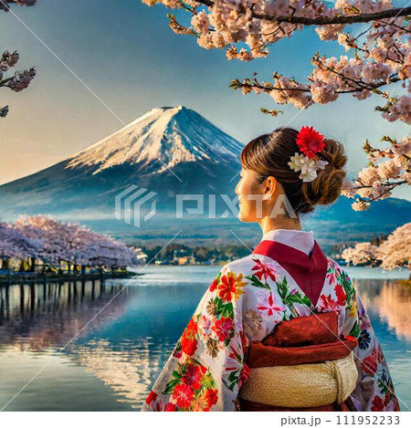湖と桜と富士を眺める女性（日本） 111952233