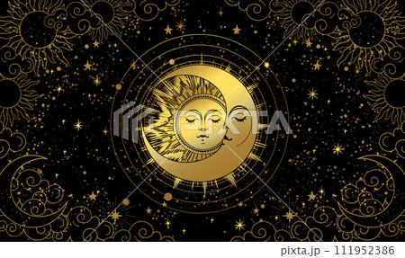 Golden sun and moon with round orbits, black mystical night sky with clouds and stars, mystical astrological background, heavenly tarot print for witch. Zodiac vector illustration, horoscope. 111952386