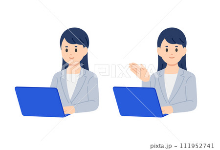 パソコンを見る・案内のポーズをするビジネスパーソン女性のセット【人物ベクターイラスト素材】 パソコンを見る・案内のポーズをするビジネスパーソン女性のセット【人物ベクターイラスト素材】 111952741