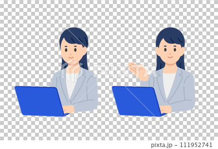 パソコンを見る・案内のポーズをするビジネスパーソン女性のセット【人物ベクターイラスト素材】 パソコンを見る・案内のポーズをするビジネスパーソン女性のセット【人物ベクターイラスト素材】 111952741