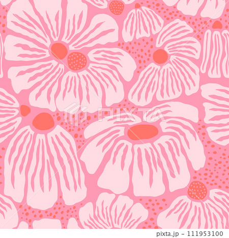 Abstract pink style floral seamless pattern. Hand drawn big flowers texture. Great for fabric, textile, wallpaper. Vector illustration 111953100