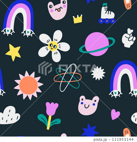 Seamless childish pattern with pins, patches elements, rainbow, frog, sun, flower. Vector kids modern texture Seamless childish pattern with pins, patches elements, rainbow, frog, sun, flower. Vector kids modern texture 111953144