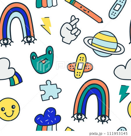Seamless childish pattern with pop art fashion chic patches, pins, badges and stickers. Creative kids texture for fabric, wallpaper, apparel. Vector background Seamless childish pattern with pop art fashion chic patches, pins, badges and stickers. Creative kids texture for fabric, wallpaper, apparel. Vector background 111953145