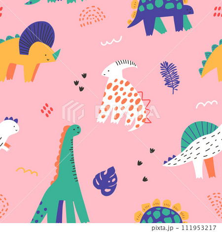 Seamless childish dino pattern. Cute dinosaurs characters texture. Hand drawn dino design. Vector illustration 111953217