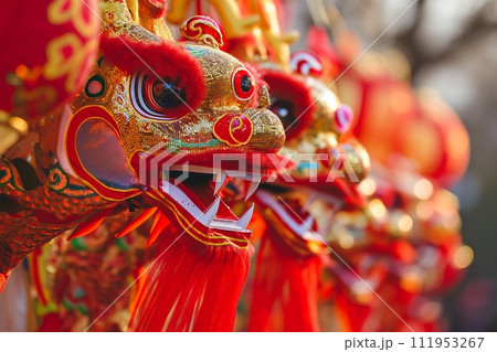 Chinese New Year traditional symbol - red and golden dragon. Lunar New Year celebration 111953267