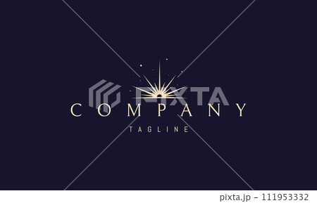 A vector golden logo with an abstract image of a solar dawn on the horizon against a background of stars. A vector golden logo with an abstract image of a solar dawn on the horizon against a background of stars. 111953332