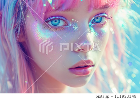 Close up view of young woman with exquisite makeup, face is covered with glitter and sparkles 111953349