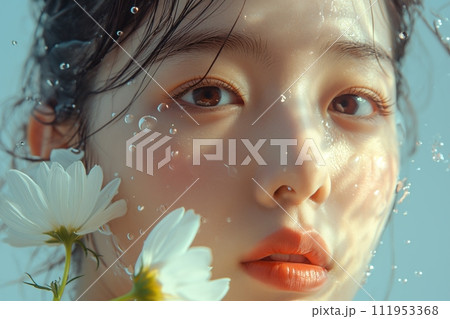 Close up portrait of beautiful young Asian woman with natural makeup and water splash on her face 111953368