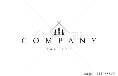 A vector logo with an abstract image of three pine trees under the roof of a hut. 111953377