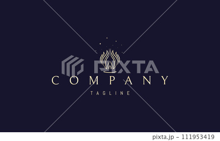 A vector golden logo with an abstract image of a candle flame surrounded by leaves. 111953419