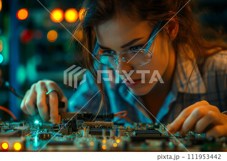 A woman engineer soldiers circuits sitting at a table 111953442