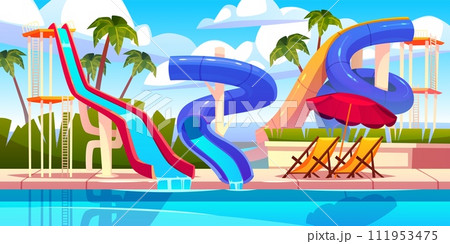 Aqua park attractions. Swimming pool with different types water extreme slides, summer family vacation, kids amusement, cartoon flat style isolated illustration tidy vector aquapark concept 111953475