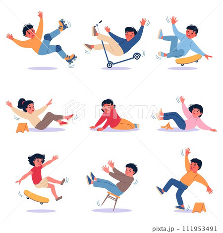 Falling children. Kids who have lost balance, boys and girls slipped and stumbled, active games danger, traumatic situations, crying injured child, cartoon flat style isolated vector set 111953491