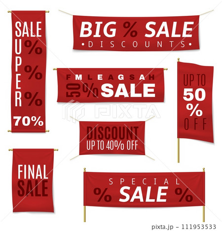 Sale discounts banners. Red realistic hanging pennants and flags. Vertical and horizontal chrome golden exhibition stand for advertising. Shopping promotion. Waving textile. Vector isolated set 111953533