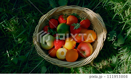 Top view of colorful tomatoes in a wicker basket on the grass 111953808