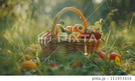 Wicker basket with ripe red and yellow apples on green grass in garden 111953816