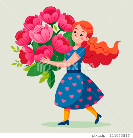 Women's day A girl in a dress holds a huge bouquet of pions in her hands 111953817