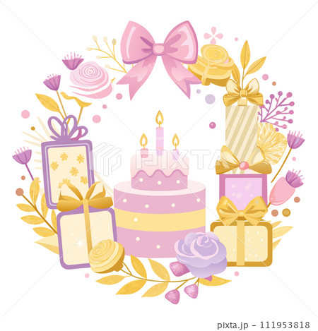 pastel colors frame with free place for text made from lot of birthday little cakes, candles, champagne 111953818