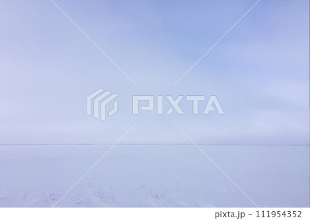 The image captures a vast, flat snow-covered landscape under a clear sky. The image captures a vast, flat snow-covered landscape under a clear sky. 111954352