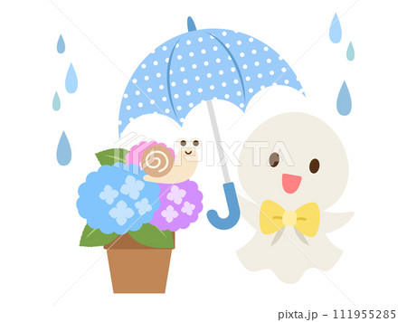 梅雨_雨のてるてる坊主と紫陽花のかたつむりのイラスト素材 [111955285