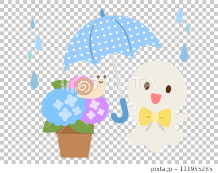 梅雨_雨のてるてる坊主と紫陽花のかたつむりのイラスト素材 [111955285