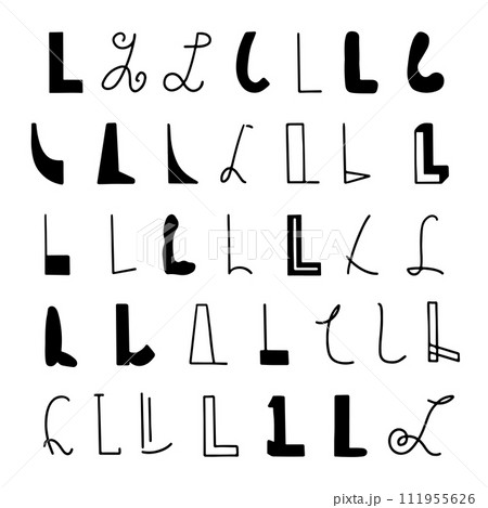 Set of letters L in different styles. Hand drawn lettering. Isolated on white background. 111955626