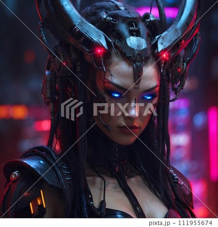 AI-generated content. Epic Cyberpunk Woman Demon Sci-Fi Character 111955674