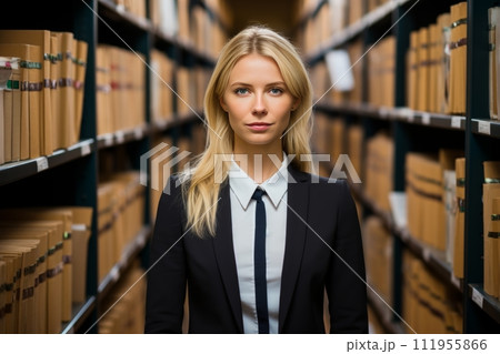 Portrait of female accountant meticulously examining financial records in busy accounting firm 111955866