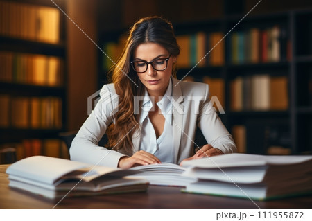 Professional female accountant meticulously examining financial records in busy firm 111955872