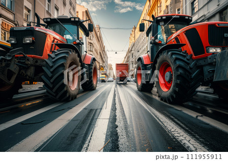 Tractors in row block traffic on city street, Farmers protest 111955911