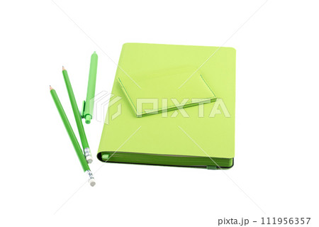 Stationery organizer, pen with pencils and cardholder on a white background. 111956357