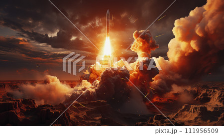 Launching a rocket with a lot of smoke and fire  111956509
