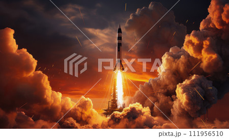 Launching a rocket with a lot of smoke and fire  111956510
