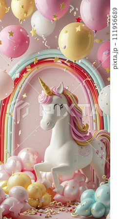AI-generated content. Unicorn figurine with birthday cake and balloons 111956689