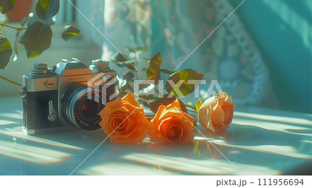 Retro camera and orange roses on a white table in sunlight. 111956694