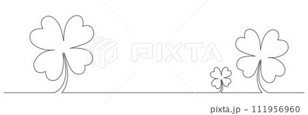 Clovers flower banner for Saint Patrick day - good lucky symbol, single line. Vector stock minimalism illustration isolated on white background for design template invitation. Editable stroke. EPS10 111956960