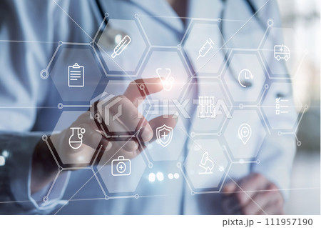 Doctor clicks on medical icon structure on virtual screen. 111957190