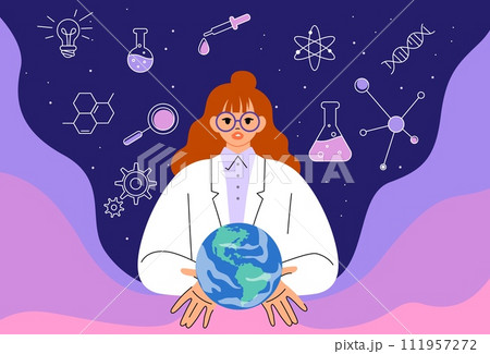 Woman scientist. Science girl technology in chemistry. Scientific research. Professional teacher job. Career in chemical laboratory. Chemist holding Earth planet. Vector flat concept Woman scientist. Science girl technology in chemistry. Scientific research. Professional teacher job. Career in chemical laboratory. Chemist holding Earth planet. Vector flat concept 111957272