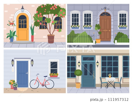 Home walls. Street houses. Residential building facades with doors and windows. Cafe exterior front view. Plants or bicycle near entrance outside. Vector city architecture scenes set 111957312