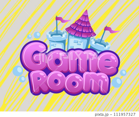Game room logo. Kids zone banner with castle. Children entertainment area. Fun activity playground sticker. Colorful isolated badge with lettering. Playroom sign. Vector cartoon illustration Game room logo. Kids zone banner with castle. Children entertainment area. Fun activity playground sticker. Colorful isolated badge with lettering. Playroom sign. Vector cartoon illustration 111957327