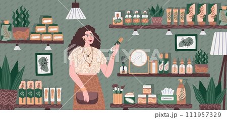 Skincare cosmetic products. Beauty shop. Woman choosing moisturizing cream in boutique. Skin care and makeup store. Girl buyer holding perfumery shampoo or lotion. Vector illustration Skincare cosmetic products. Beauty shop. Woman choosing moisturizing cream in boutique. Skin care and makeup store. Girl buyer holding perfumery shampoo or lotion. Vector illustration 111957329