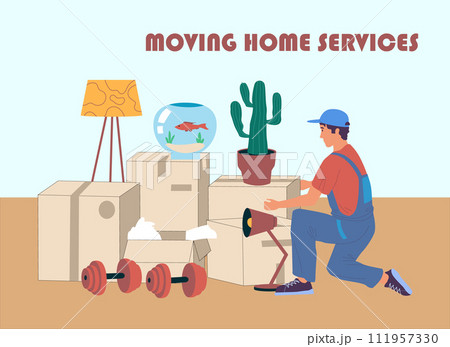 Moving boxes. Family relocation. Cardboard parcel stacks. Delivery service worker. Cargo shipping workman. Packed stuff in home room. Goods relocating to new apartment. Vector concept Moving boxes. Family relocation. Cardboard parcel stacks. Delivery service worker. Cargo shipping workman. Packed stuff in home room. Goods relocating to new apartment. Vector concept 111957330
