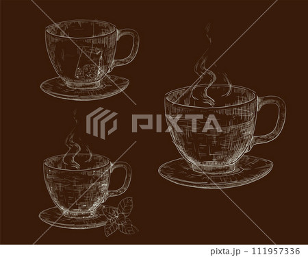Tea cup sketch style drawing. Porcelain mug on plate, leaves and pyramid teabag. Morning breakfast drinks, mint leaves. Antioxidant beverage. Hot drink utensil. Hand drawn vector illustration Tea cup sketch style drawing. Porcelain mug on plate, leaves and pyramid teabag. Morning breakfast drinks, mint leaves. Antioxidant beverage. Hot drink utensil. Hand drawn vector illustration 111957336