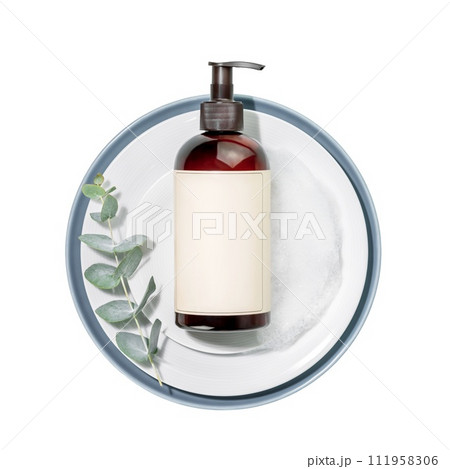 Mockup of dish detergent. Eco friendly natural cleaning dishes. Bottle with dish detergent on a plates with sprig of eucalyptus on transparent background. Flat lay Mockup of dish detergent. Eco friendly natural cleaning dishes. Bottle with dish detergent on a plates with sprig of eucalyptus on transparent background. Flat lay 111958306