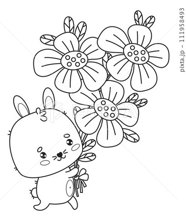 Cute bunny with bouquet of flowers. Funny...のイラスト素材 