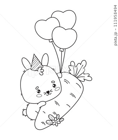 Cute rabbit birthday boy in cap with big carrot and balloons. Funny outline kawaii animal character. Vector illustration. Line drawing, coloring book. Kids collection 111958494