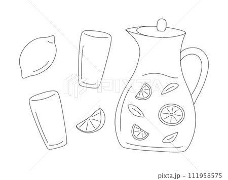 Pitcher of lemonade and glasses in line style. Vector jug and glasses, lemon and slice of lemon isolated on white background. Pitcher of lemonade and glasses in line style. Vector jug and glasses, lemon and slice of lemon isolated on white background. 111958575